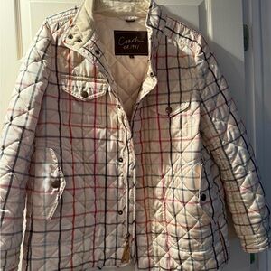 Used authentic Coach Women's Quilted Plaid Puffer Jacket - Cream and Multicolor
